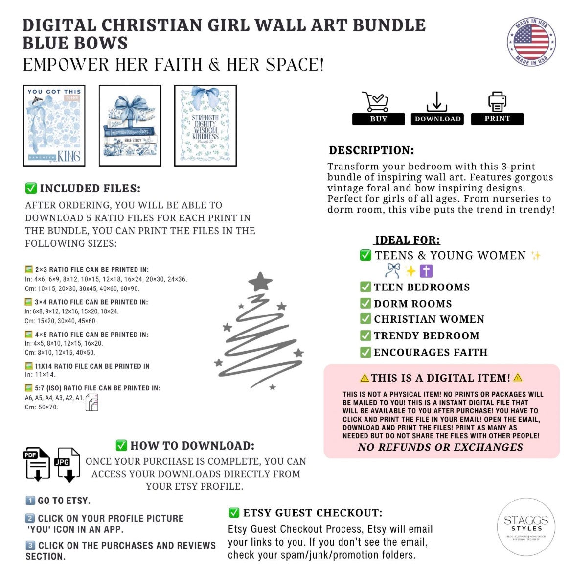 Christian Girl Blue Bows Set of 3, College Dorm Room Decor, Teenage Girl Gift, Daughter of the King Print, Proverbs 31, Floral, Coquette