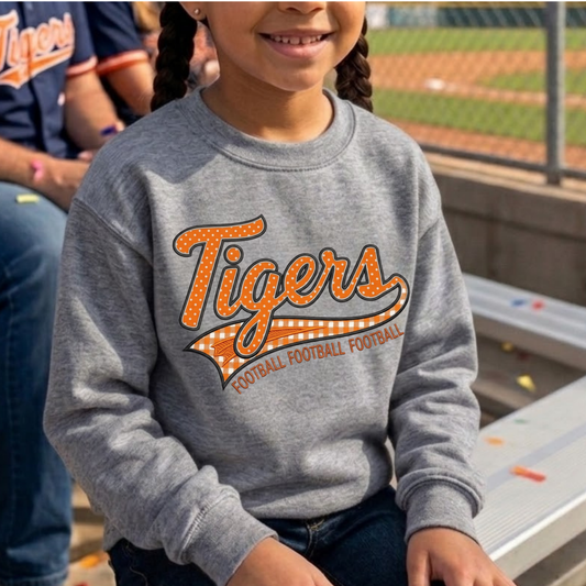 Tiger Football Youth Crewneck Sweatshirt | Tigers Retro Script Football Pullover | School Spirit Tiger Game Day Sweatshirt | Orange