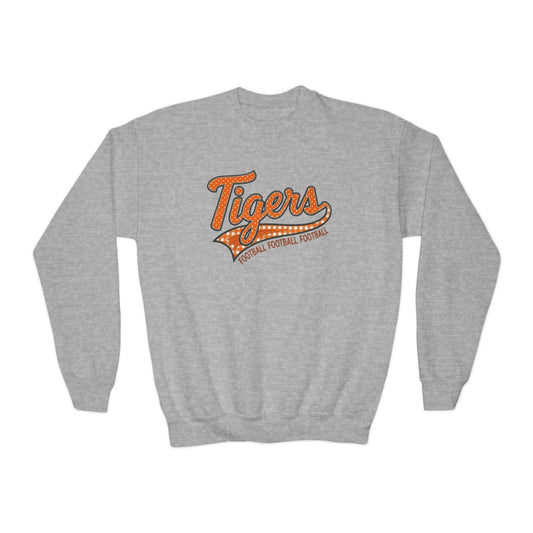 Tiger Football Youth Crewneck Sweatshirt | Tigers Retro Script Football Pullover | School Spirit Tiger Game Day Sweatshirt | Orange