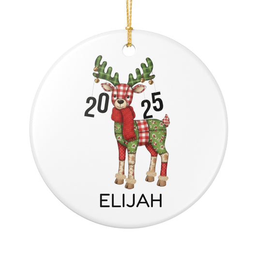 Baby’s First Christmas Ornament, Design 1, Patch Quilt Reindeer, Customized Name & Year