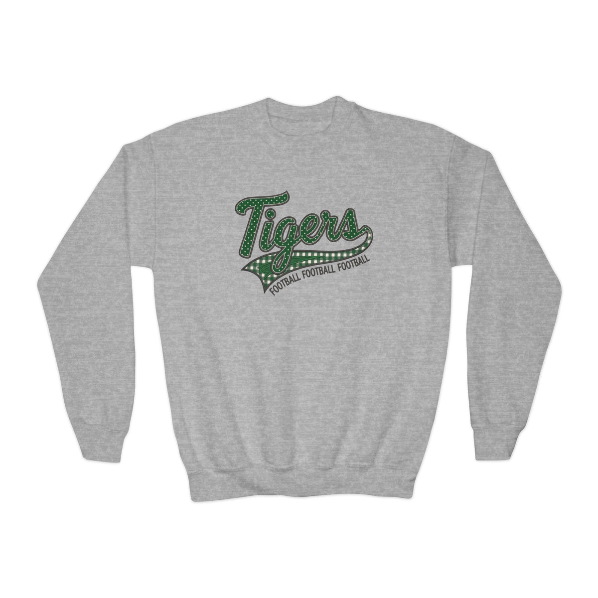 Tiger Football Youth Crewneck Sweatshirt | Tigers Retro Script Football Pullover | School Spirit Tiger Game Day Sweatshirt | Green