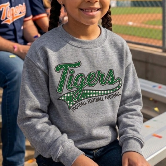 Tiger Football Youth Crewneck Sweatshirt | Tigers Retro Script Football Pullover | School Spirit Tiger Game Day Sweatshirt | Green