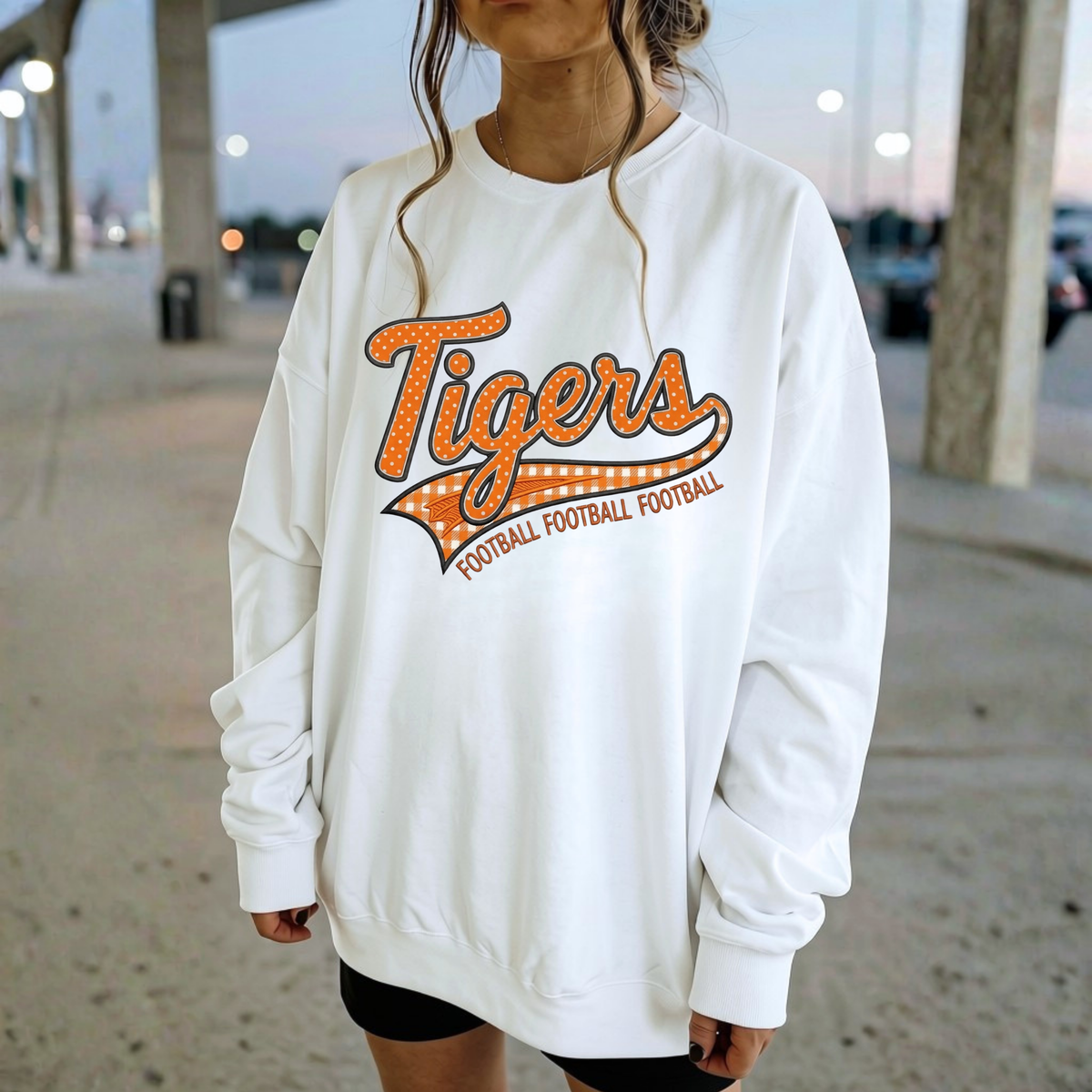 Tigers Football Crewneck Sweatshirt | Retro Game Day Mama & School Spirit Pullover | Orange
