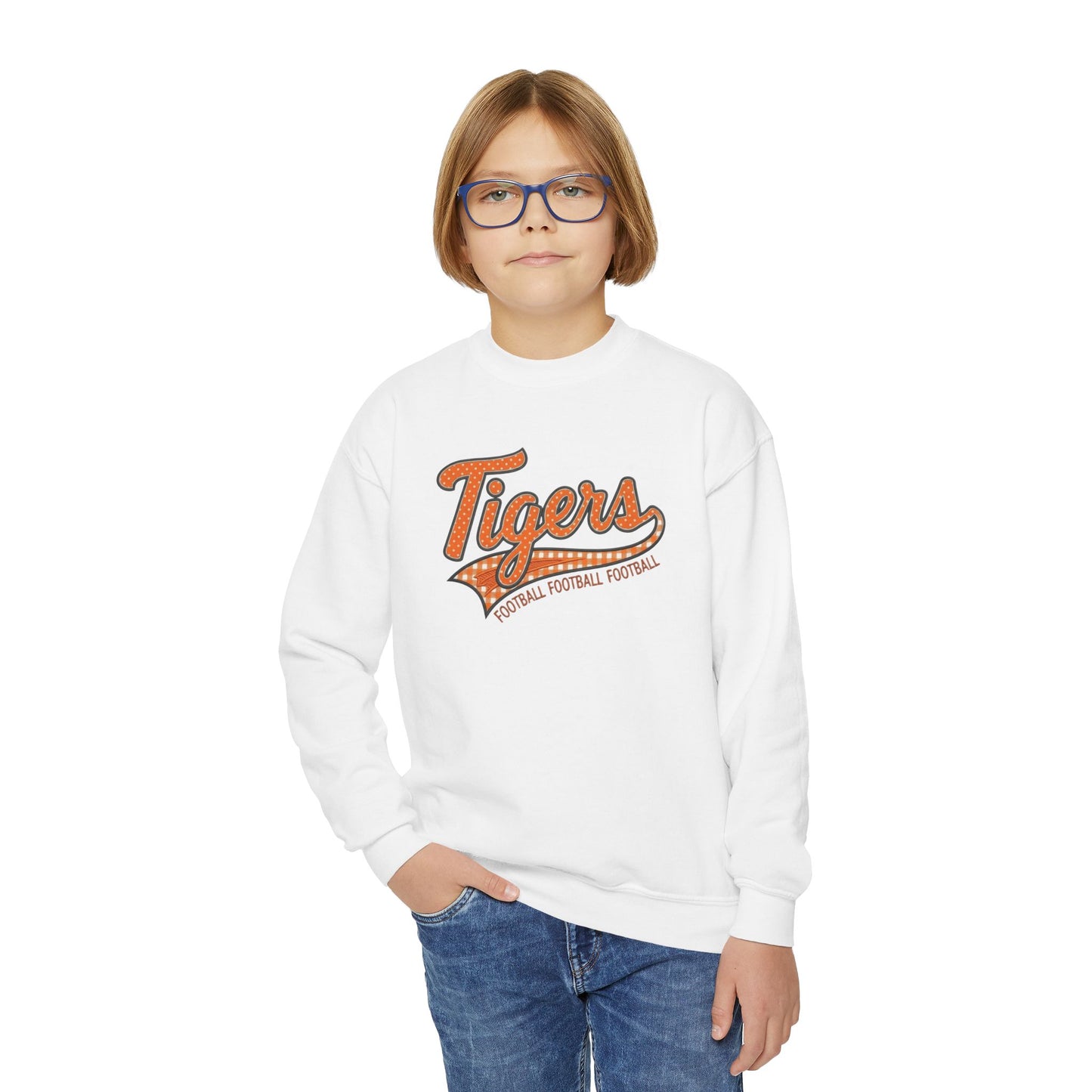 Tiger Football Youth Crewneck Sweatshirt | Tigers Retro Script Football Pullover | School Spirit Tiger Game Day Sweatshirt | Orange
