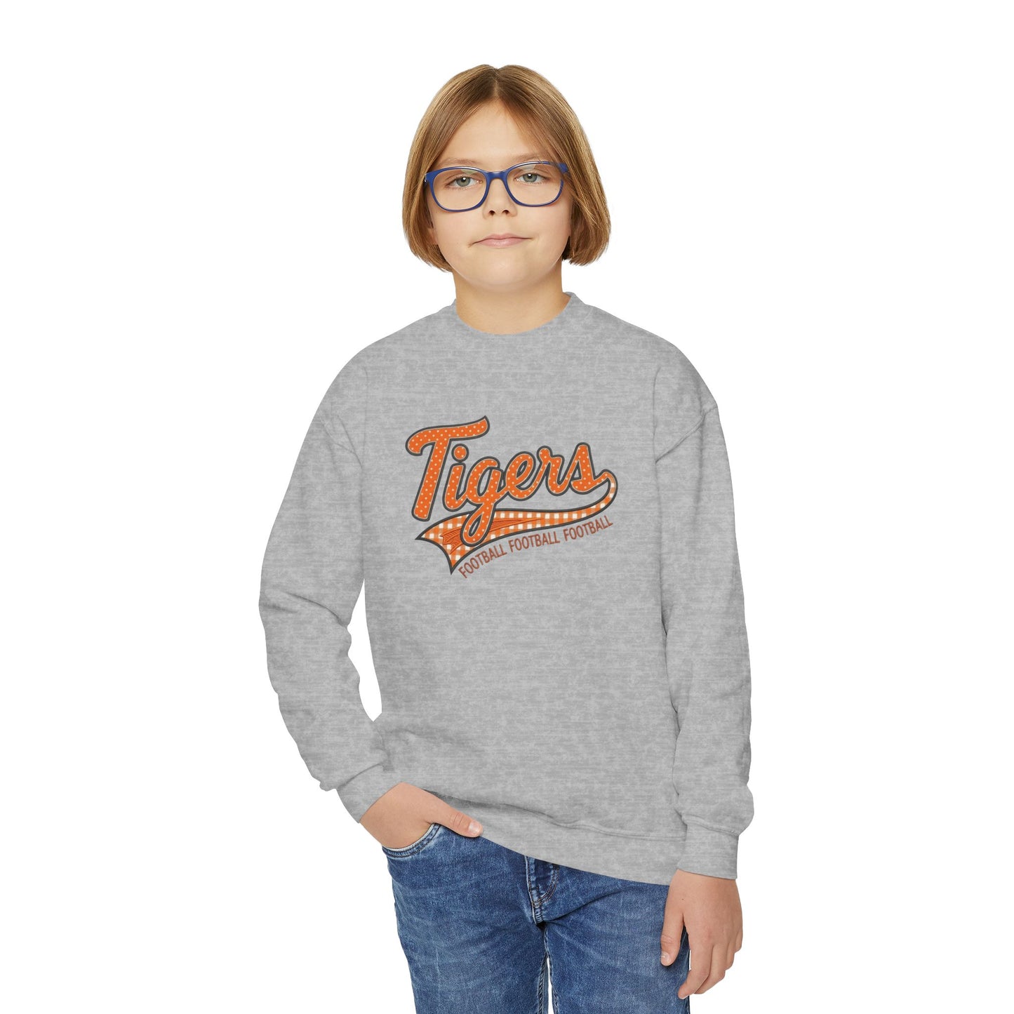 Tiger Football Youth Crewneck Sweatshirt | Tigers Retro Script Football Pullover | School Spirit Tiger Game Day Sweatshirt | Orange