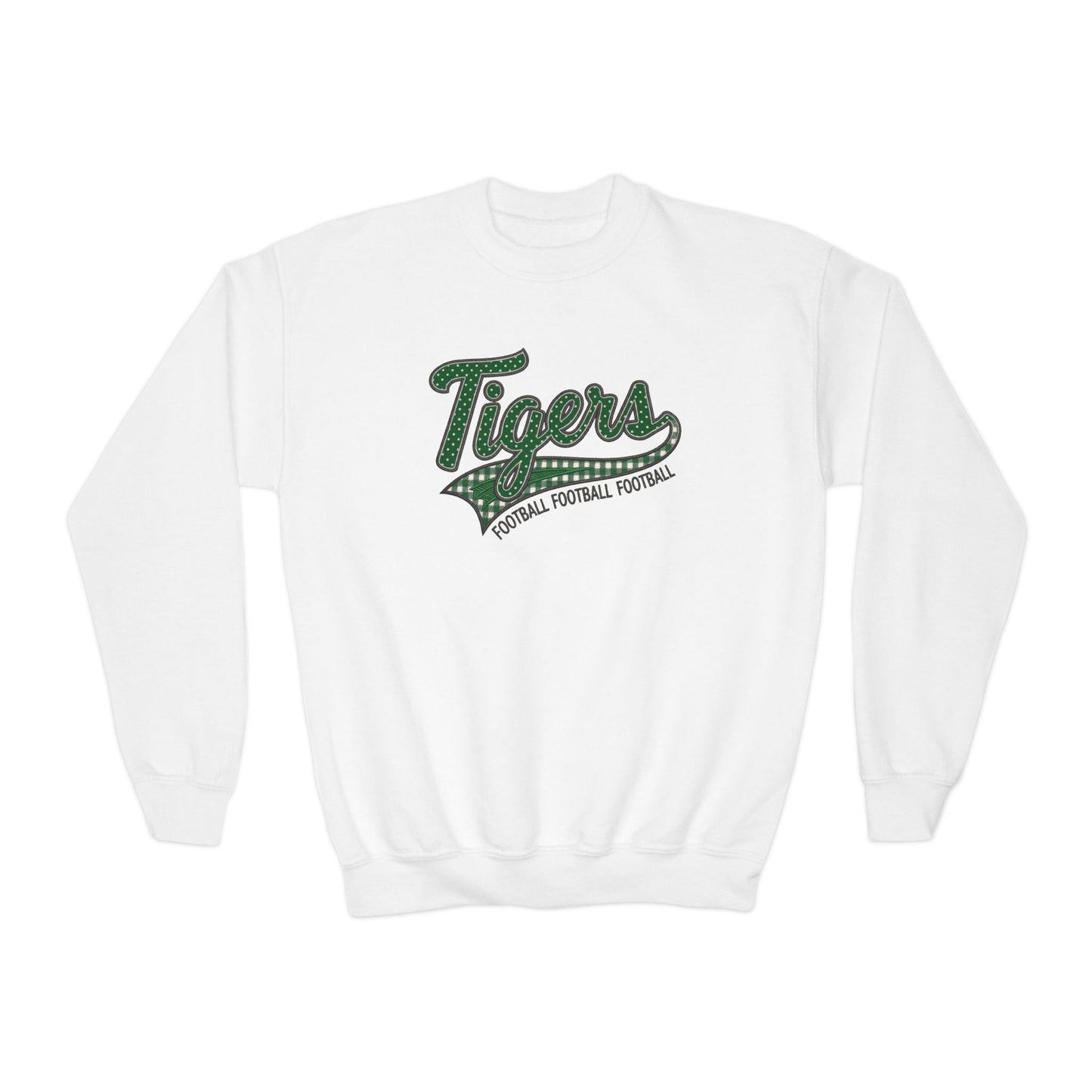 Tiger Football Youth Crewneck Sweatshirt | Tigers Retro Script Football Pullover | School Spirit Tiger Game Day Sweatshirt | Green