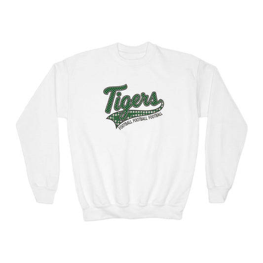 Tiger Football Youth Crewneck Sweatshirt | Tigers Retro Script Football Pullover | School Spirit Tiger Game Day Sweatshirt | Green