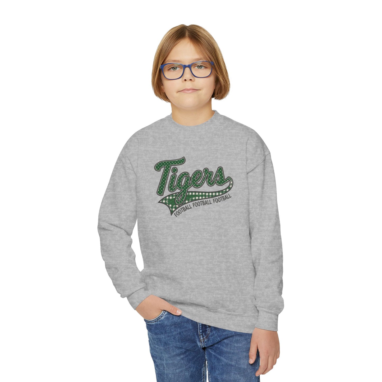 Tiger Football Youth Crewneck Sweatshirt | Tigers Retro Script Football Pullover | School Spirit Tiger Game Day Sweatshirt | Green