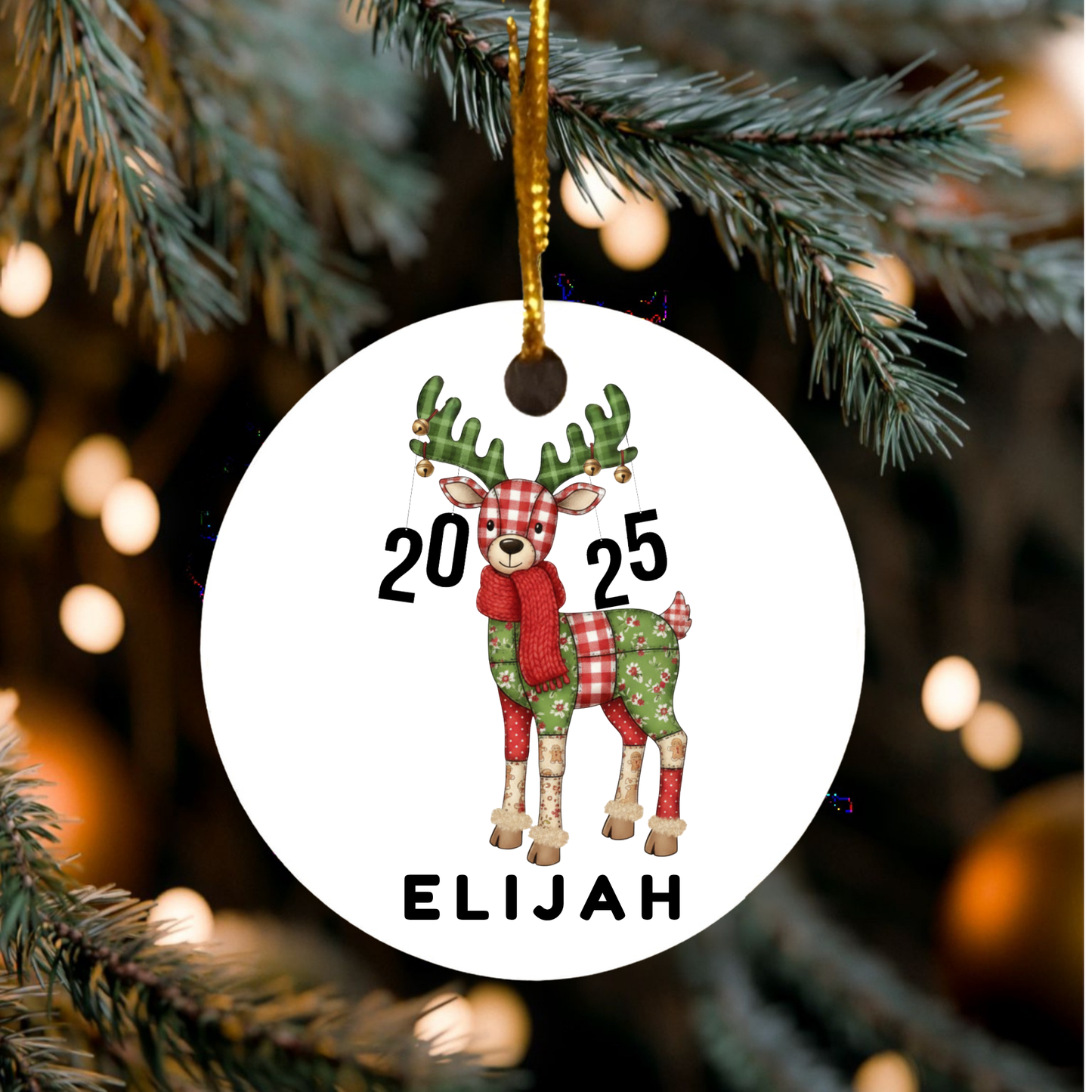 Baby’s First Christmas Ornament, Design 1, Patch Quilt Reindeer, Customized Name & Year