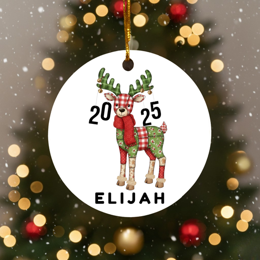 Baby’s First Christmas Ornament, Design 1, Patch Quilt Reindeer, Customized Name & Year