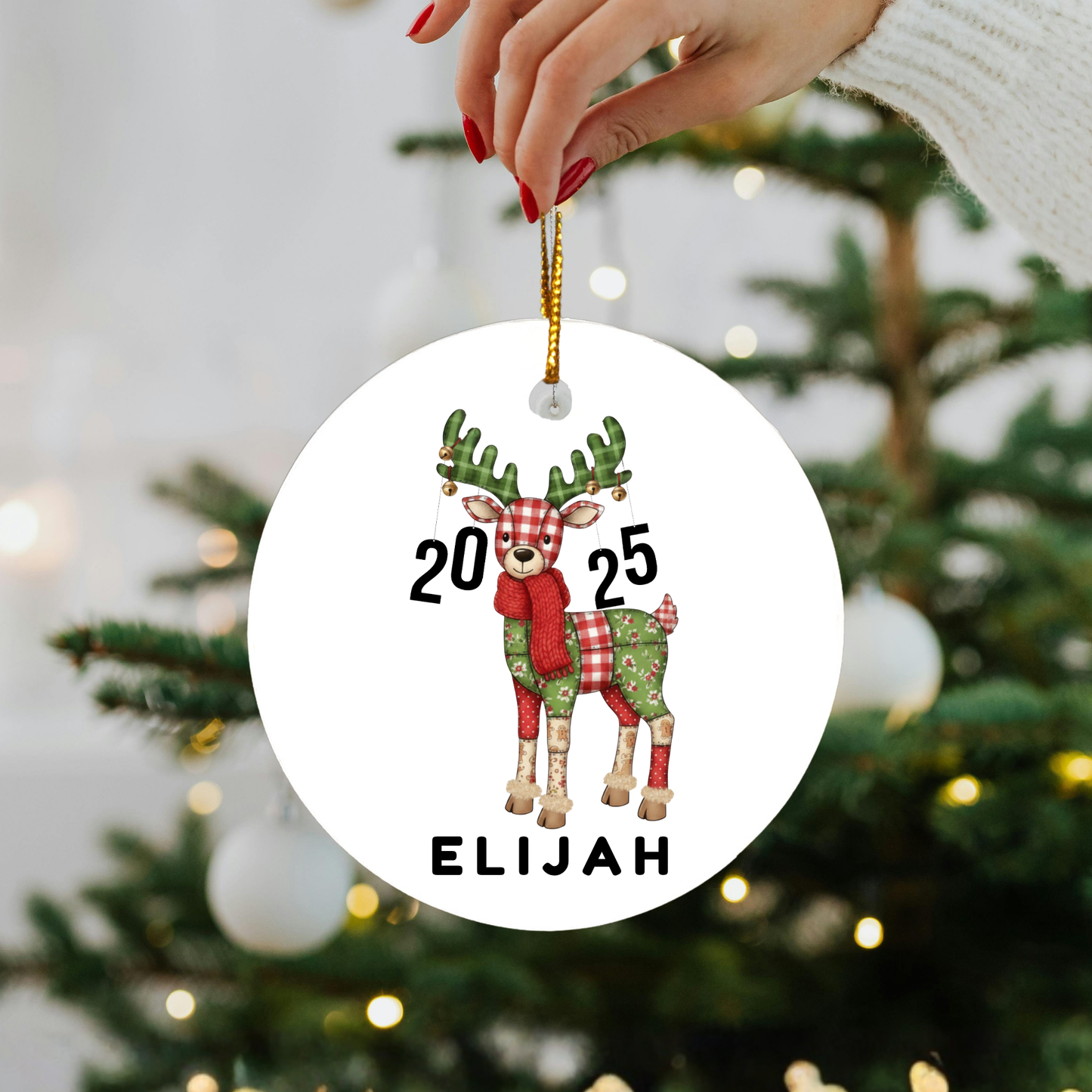 Baby’s First Christmas Ornament, Design 1, Patch Quilt Reindeer, Customized Name & Year
