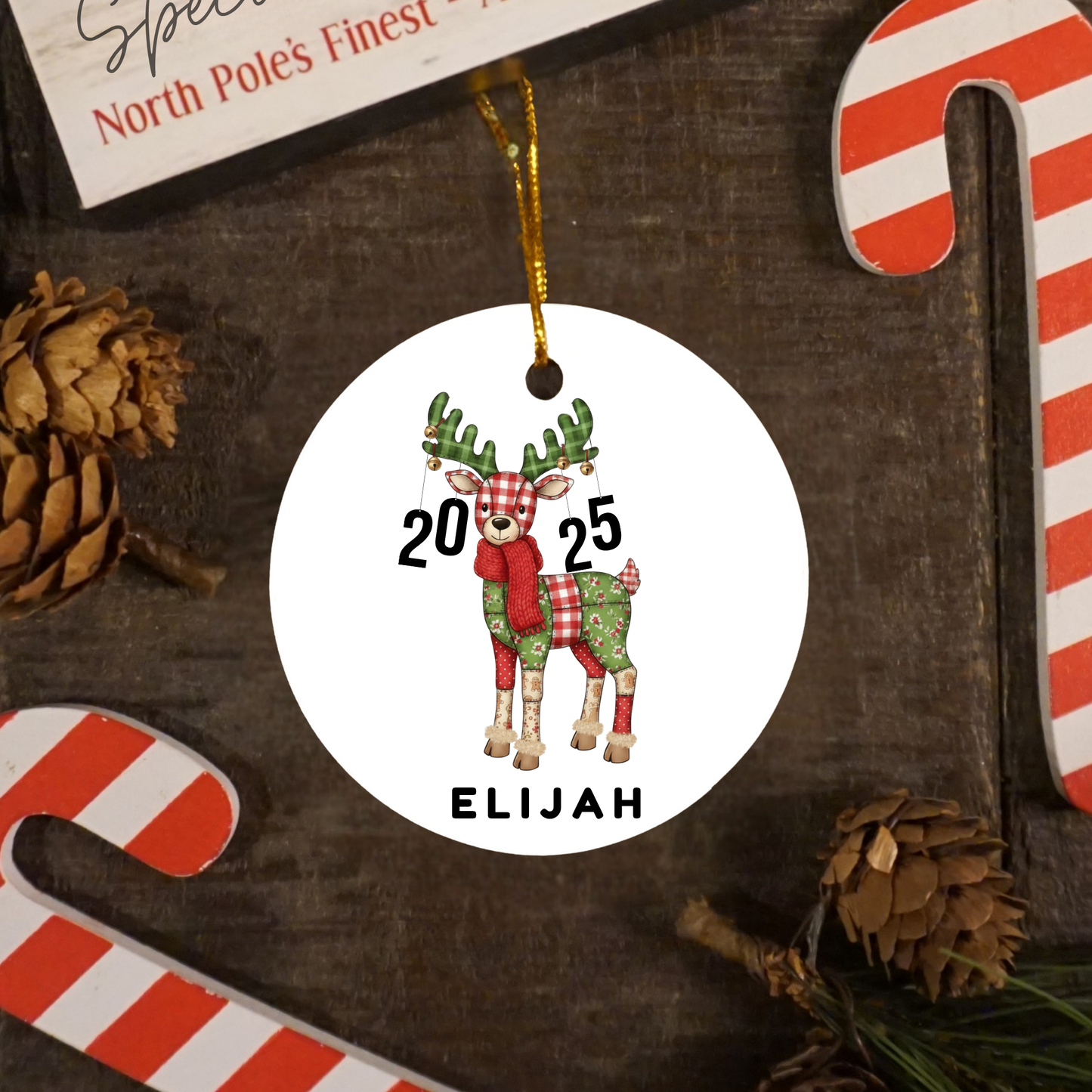 Baby’s First Christmas Ornament, Design 1, Patch Quilt Reindeer, Customized Name & Year