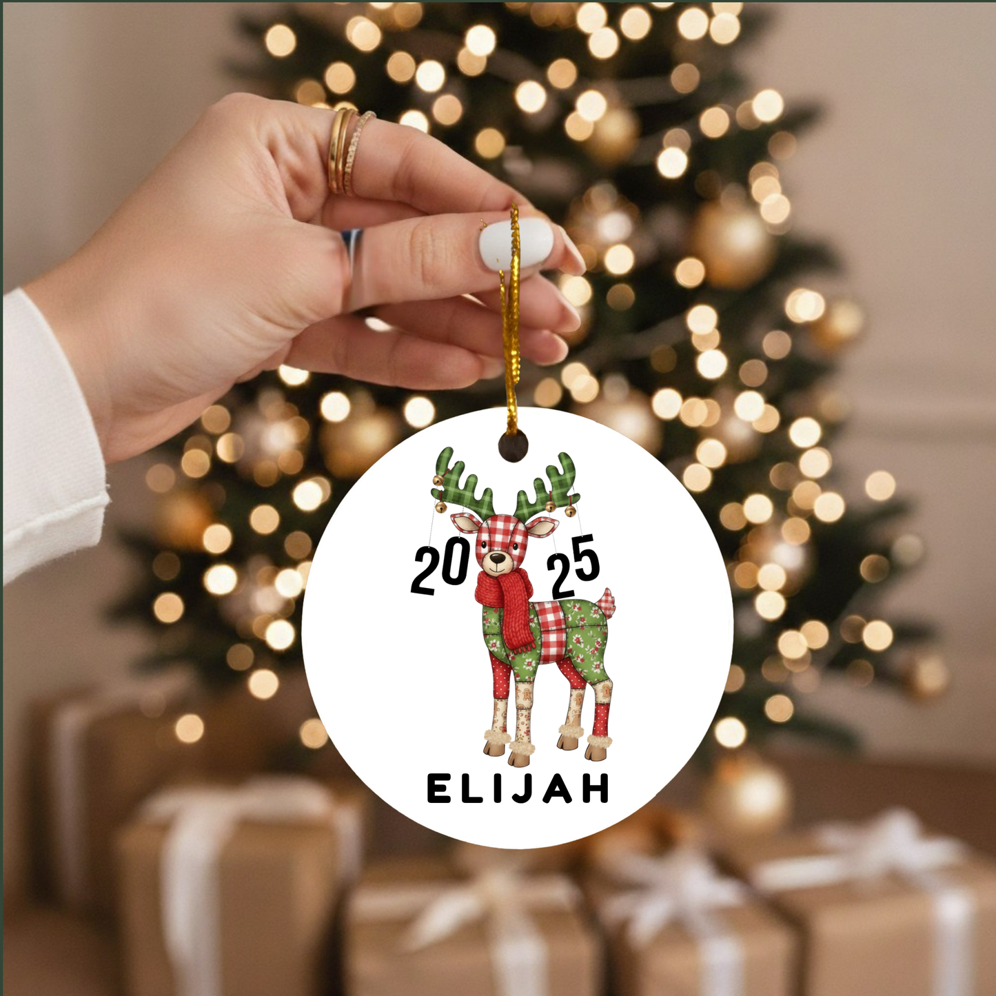 Baby’s First Christmas Ornament, Design 1, Patch Quilt Reindeer, Customized Name & Year