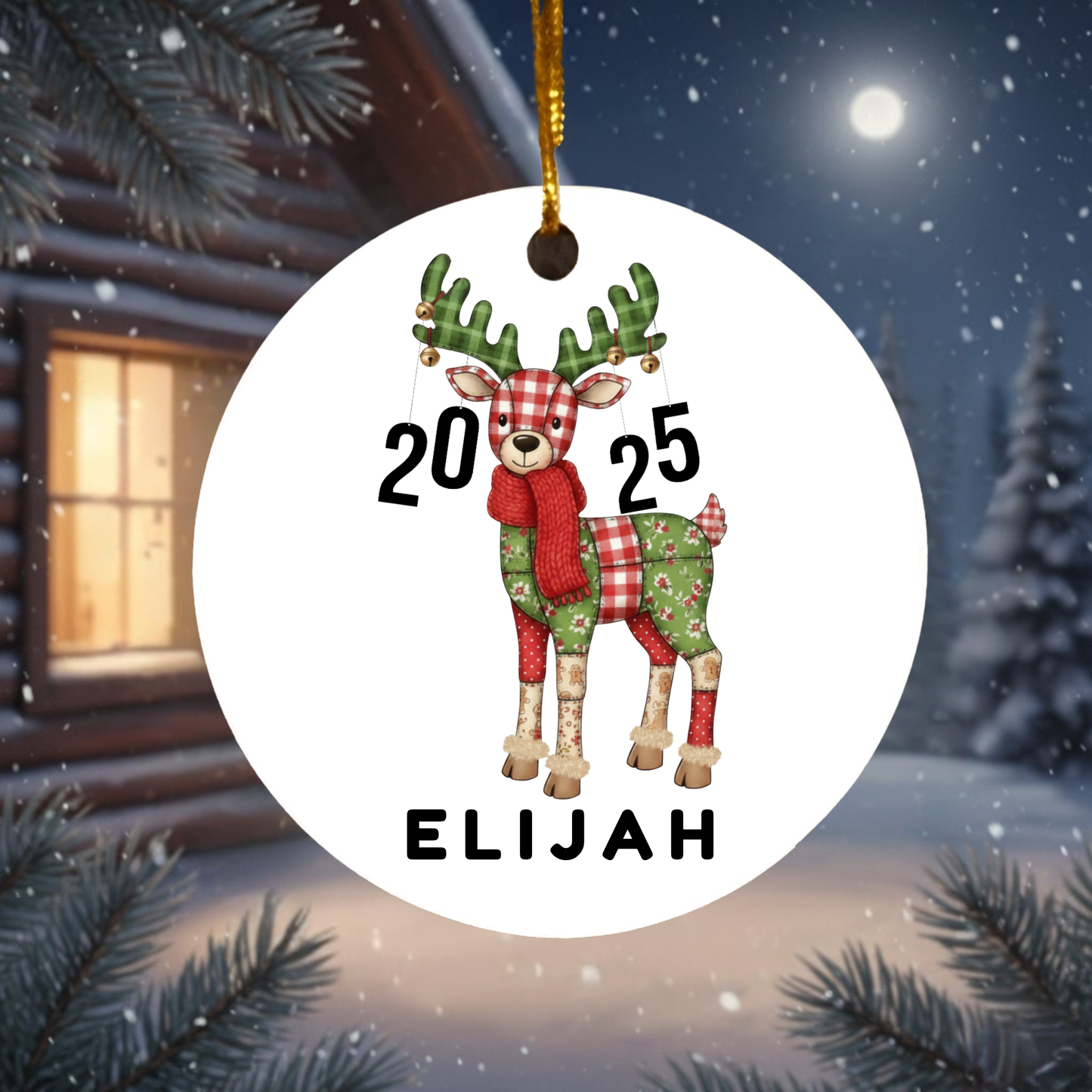 Baby’s First Christmas Ornament, Design 1, Patch Quilt Reindeer, Customized Name & Year