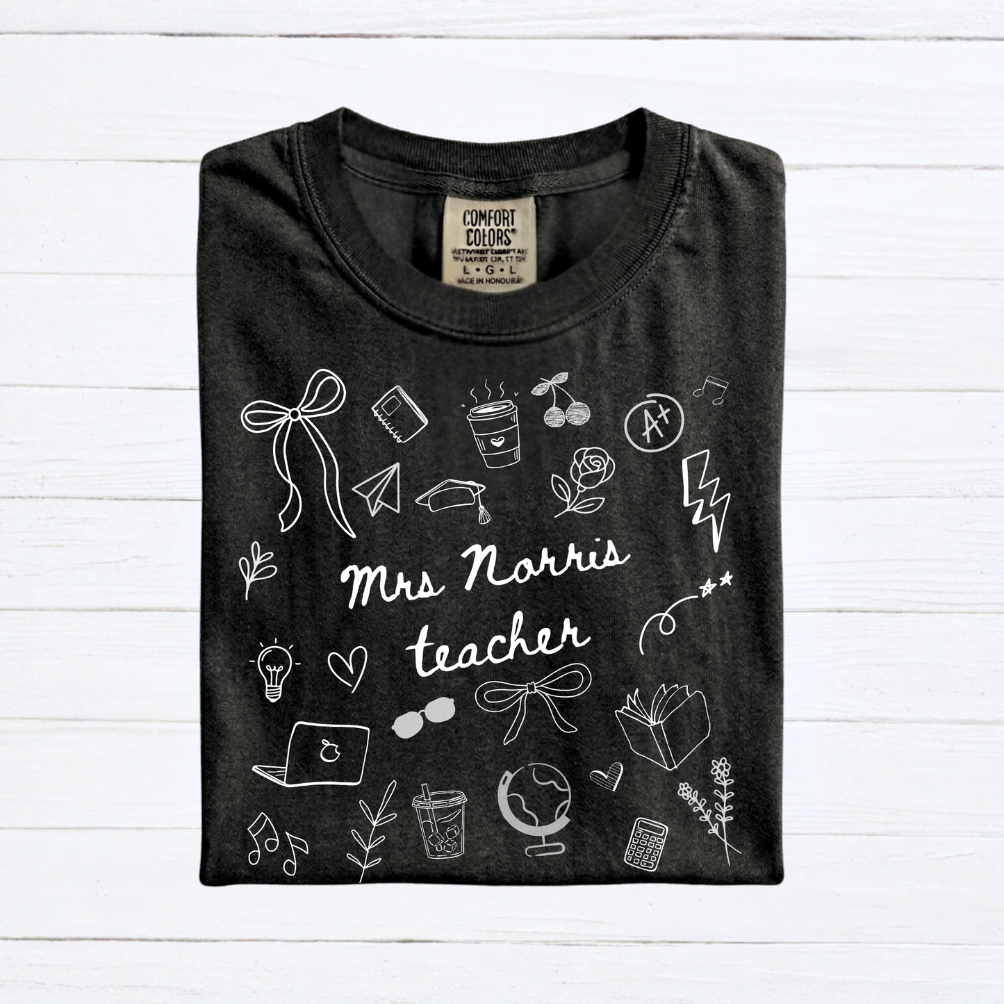 Personalized Teacher Name Doodle Shirt, Comfort Colors Teacher Tshirt, Matching Teacher Team Tees, Back to School Shirt, Homeschool Teacher, Gift for Teacher - Staggs Styles Co