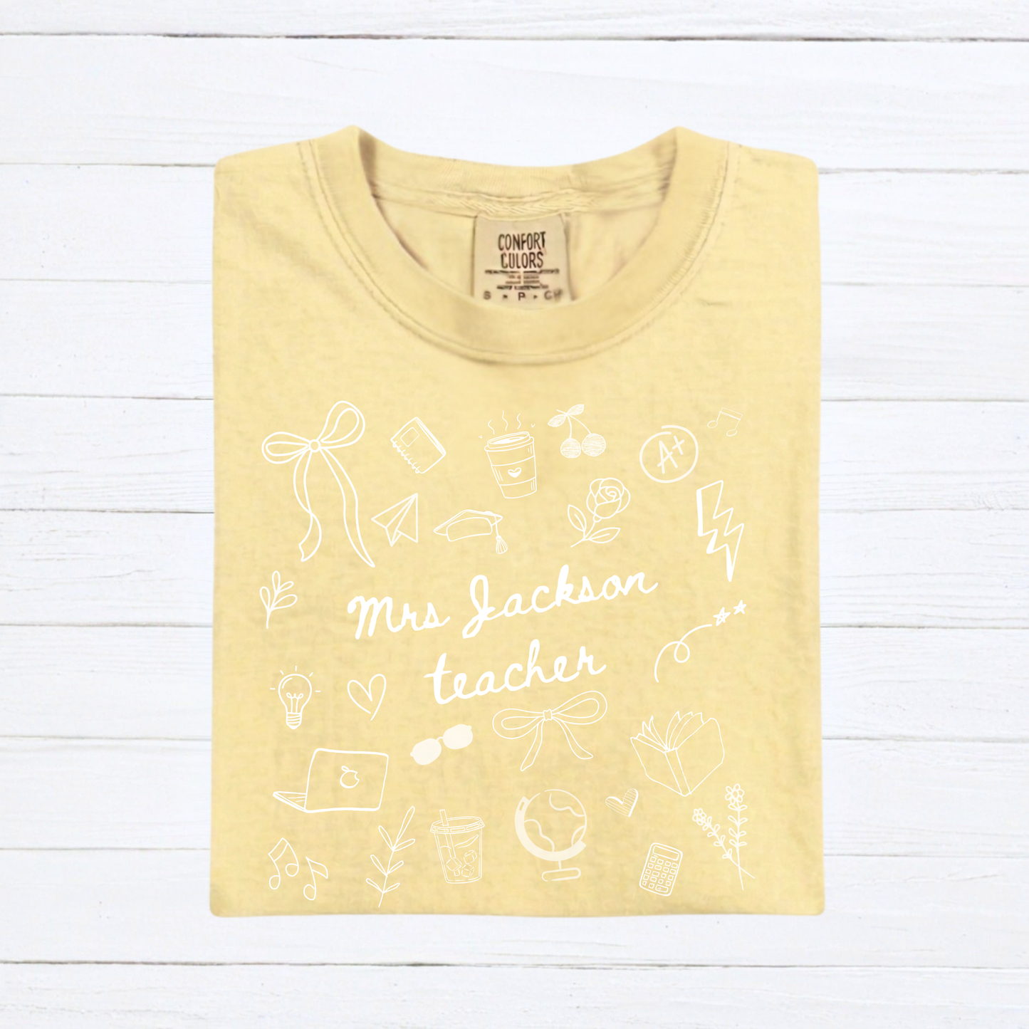 Personalized Teacher Name Doodle Shirt, Comfort Colors Teacher Tshirt, Matching Teacher Team Tees, Back to School Shirt, Homeschool Teacher, Gift for Teacher - Staggs Styles Co