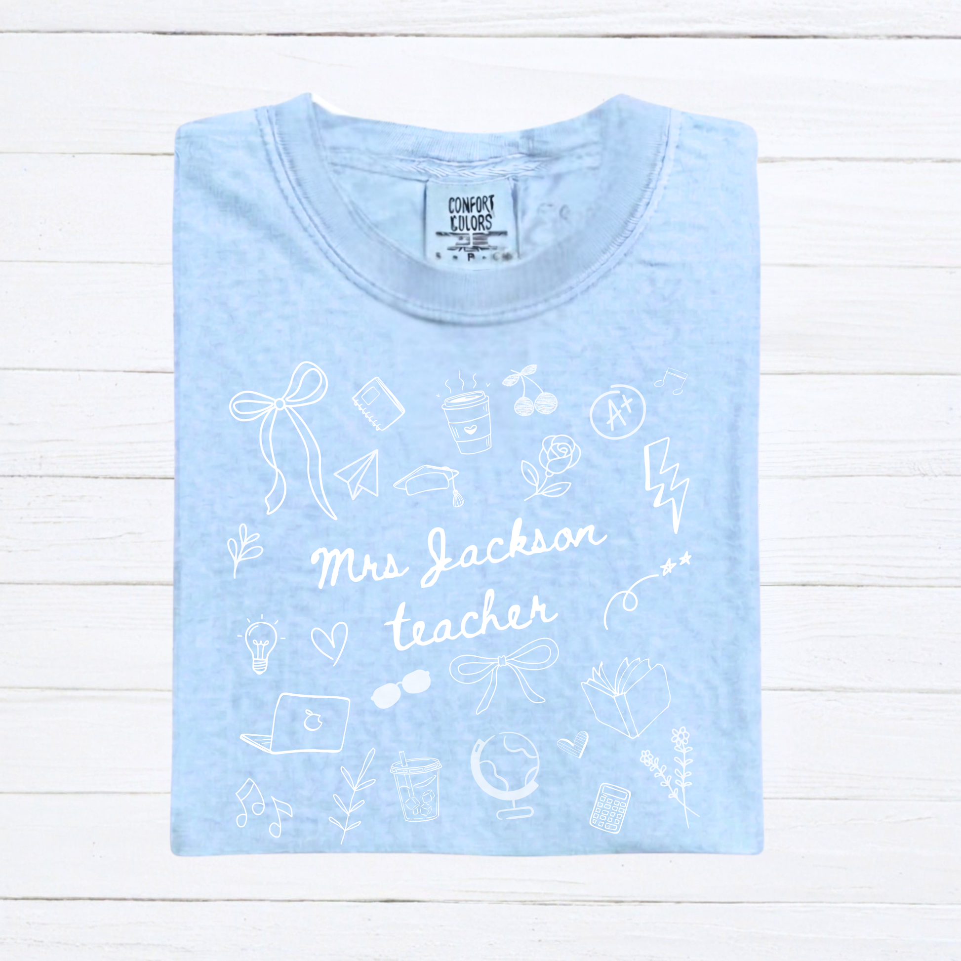Personalized Teacher Name Doodle Shirt, Comfort Colors Teacher Tshirt, Matching Teacher Team Tees, Back to School Shirt, Homeschool Teacher, Gift for Teacher - Staggs Styles Co