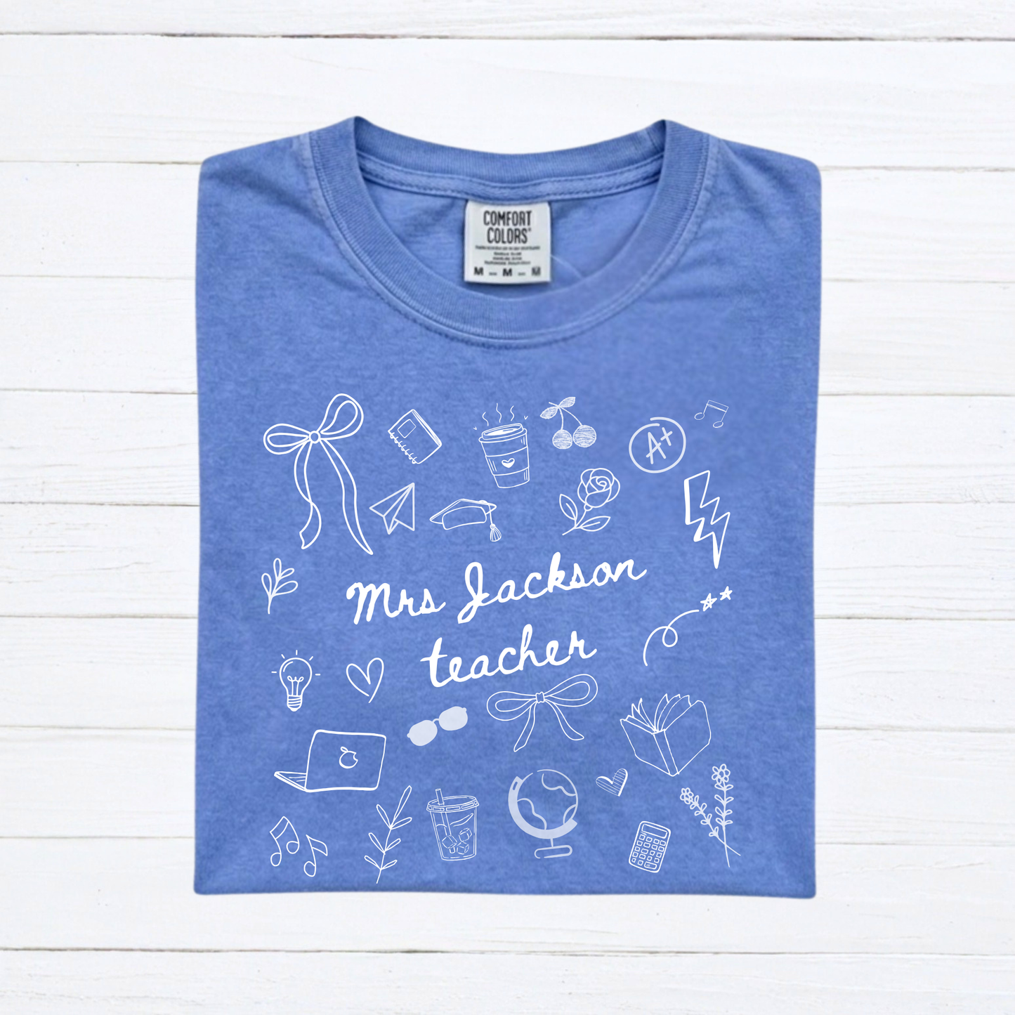 Personalized Teacher Name Doodle Shirt, Comfort Colors Teacher Tshirt, Matching Teacher Team Tees, Back to School Shirt, Homeschool Teacher, Gift for Teacher - Staggs Styles Co
