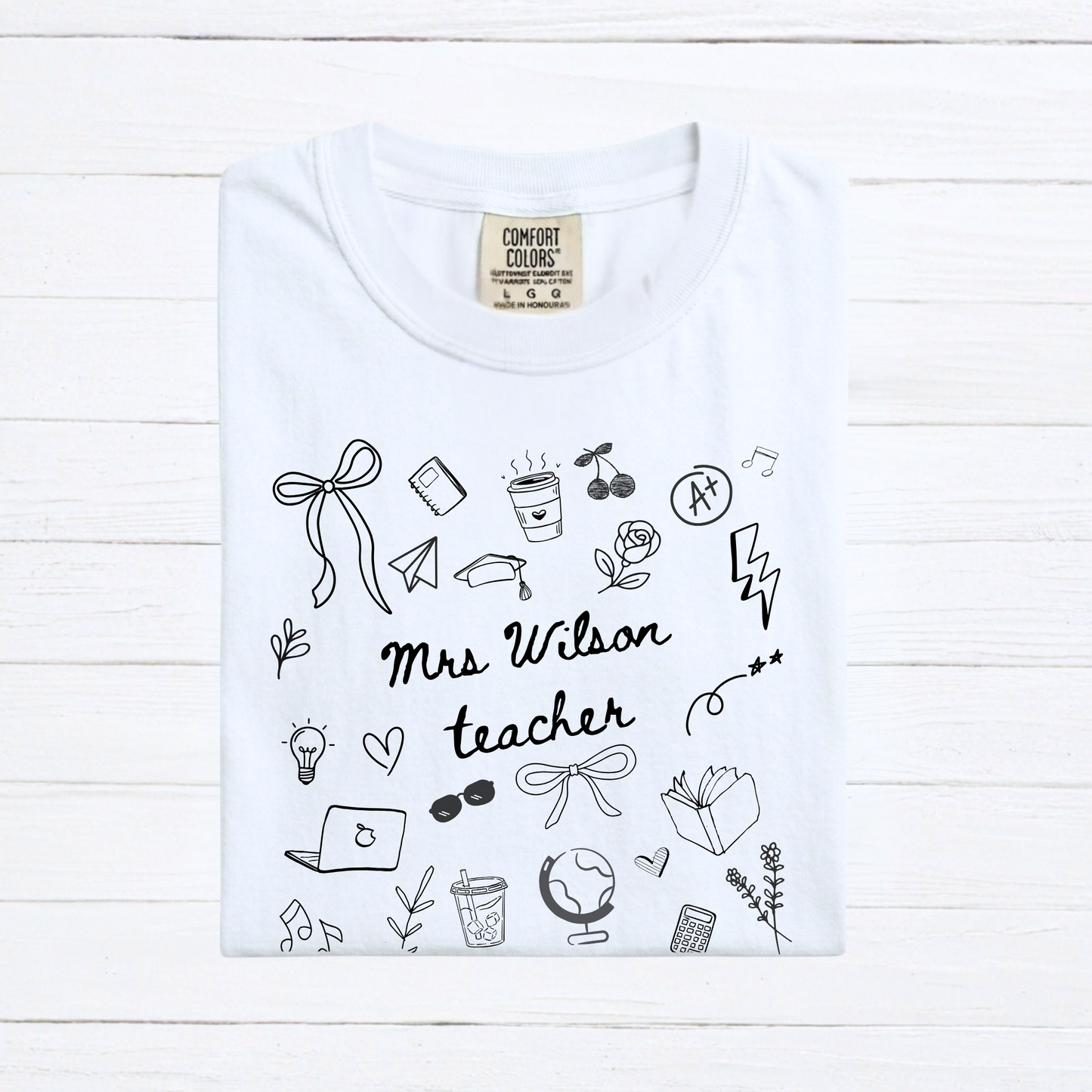 Personalized Teacher Name Doodle Shirt, Comfort Colors Teacher Tshirt, Matching Teacher Team Tees, Back to School Shirt, Homeschool Teacher, Gift for Teacher - Staggs Styles Co