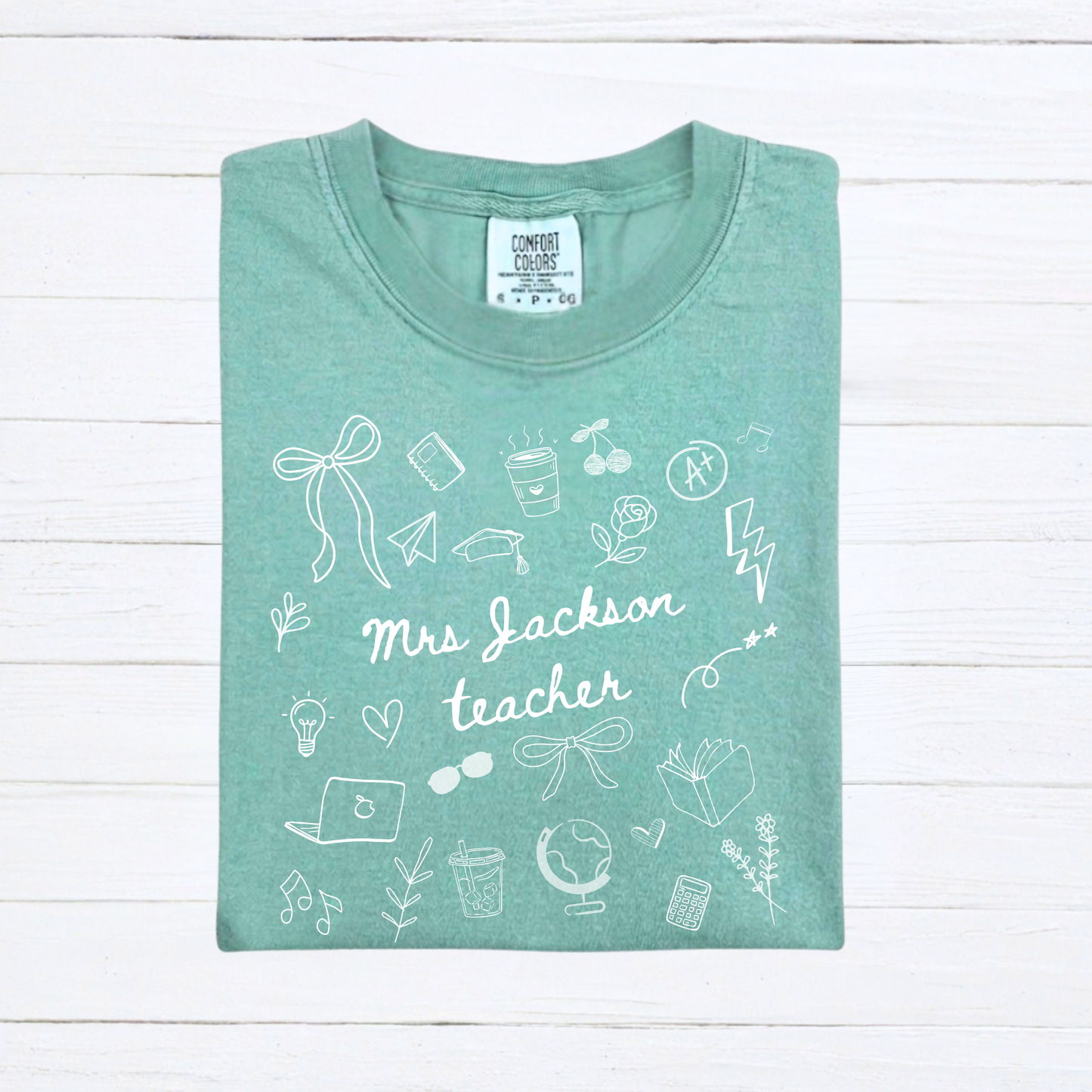 Personalized Teacher Name Doodle Shirt, Comfort Colors Teacher Tshirt, Matching Teacher Team Tees, Back to School Shirt, Homeschool Teacher, Gift for Teacher - Staggs Styles Co