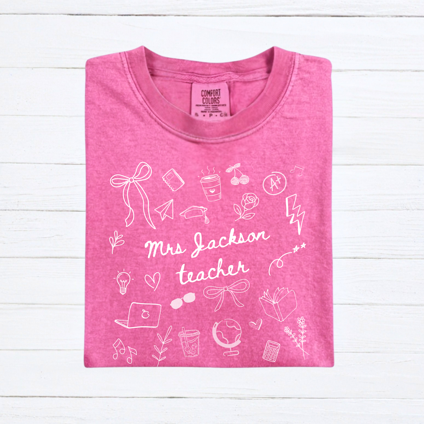 Personalized Teacher Name Doodle Shirt, Comfort Colors Teacher Tshirt, Matching Teacher Team Tees, Back to School Shirt, Homeschool Teacher, Gift for Teacher - Staggs Styles Co