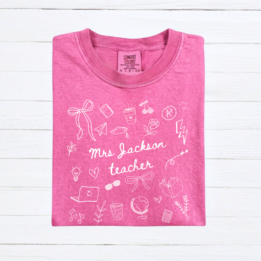 Personalized Teacher Name Doodle Shirt, Comfort Colors Teacher Tshirt, Matching Teacher Team Tees, Back to School Shirt, Homeschool Teacher, Gift for Teacher