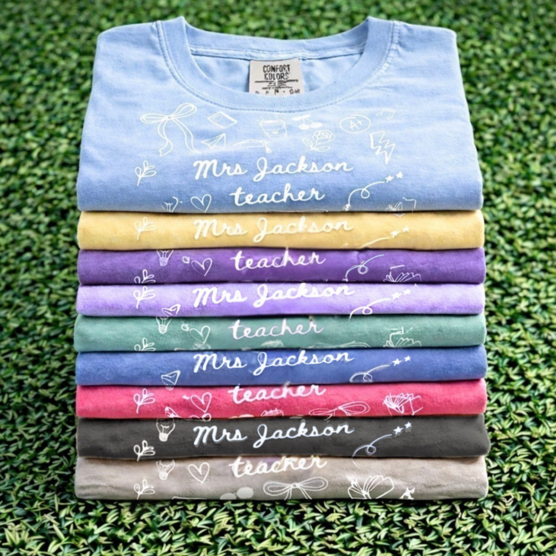 Personalized Teacher Name Doodle Shirt, Comfort Colors Teacher Tshirt, Matching Teacher Team Tees, Back to School Shirt, Homeschool Teacher, Gift for Teacher - Staggs Styles Co
