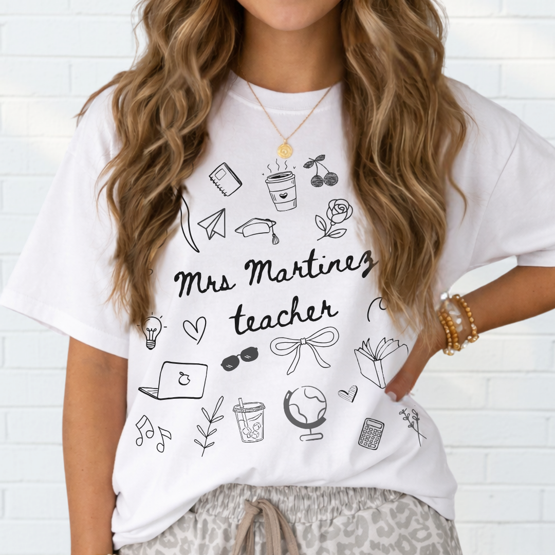 Personalized Teacher Name Doodle Shirt, Comfort Colors Teacher Tshirt, Matching Teacher Team Tees, Back to School Shirt, Homeschool Teacher, Gift for Teacher - Staggs Styles Co