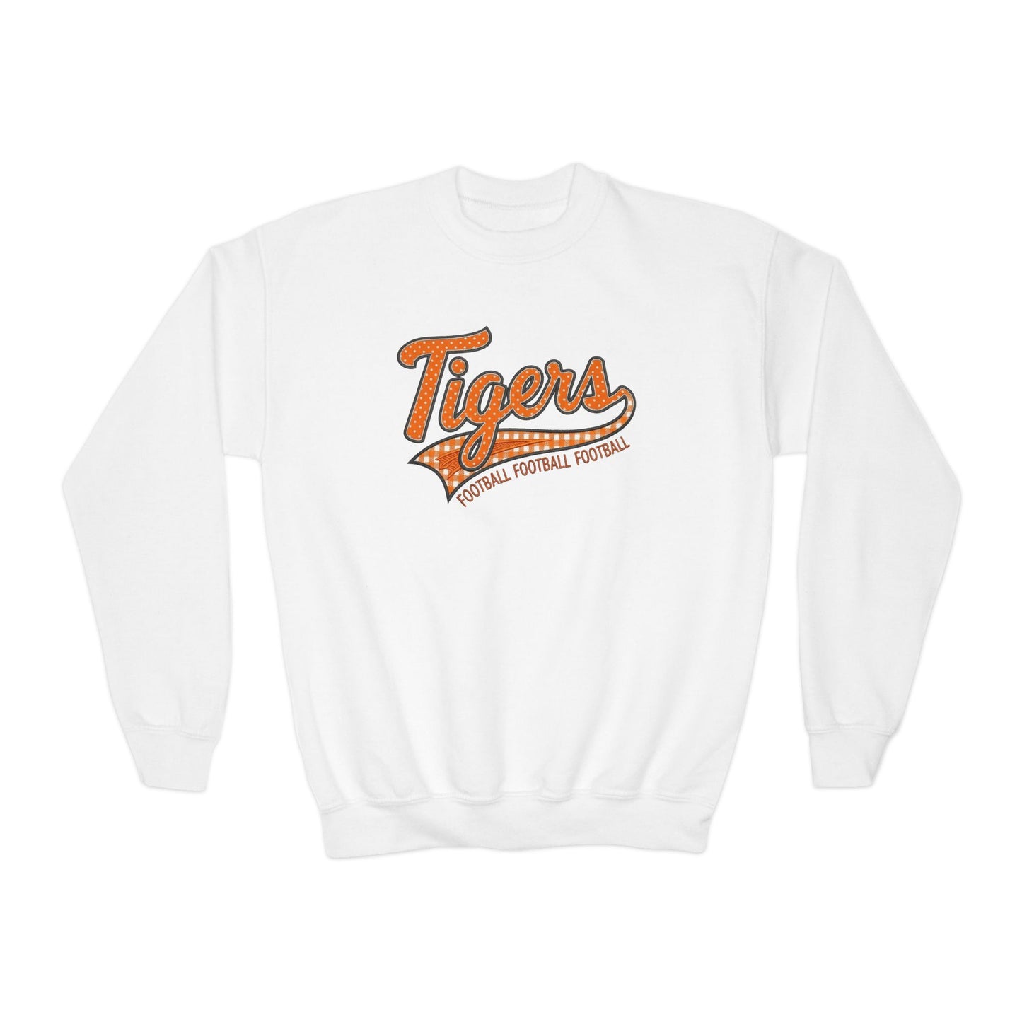 Tiger Football Youth Crewneck Sweatshirt | Tigers Retro Script Football Pullover | School Spirit Tiger Game Day Sweatshirt | Orange