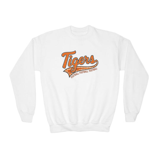 Tiger Football Youth Crewneck Sweatshirt | Tigers Retro Script Football Pullover | School Spirit Tiger Game Day Sweatshirt | Orange