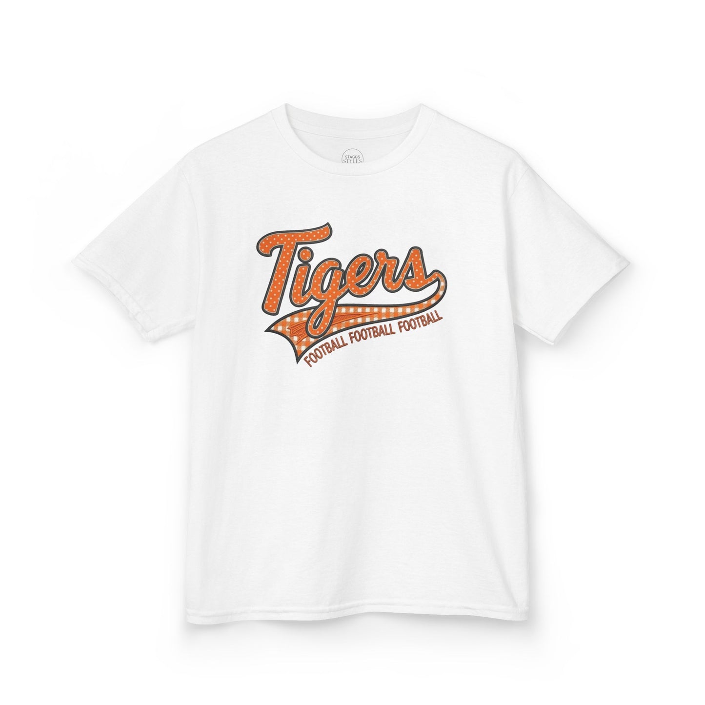 Tiger Football Retro Script Kids Tee | Vintage Tigers Game Day Shirt | School Spirit Tiger Football Tee | Orange