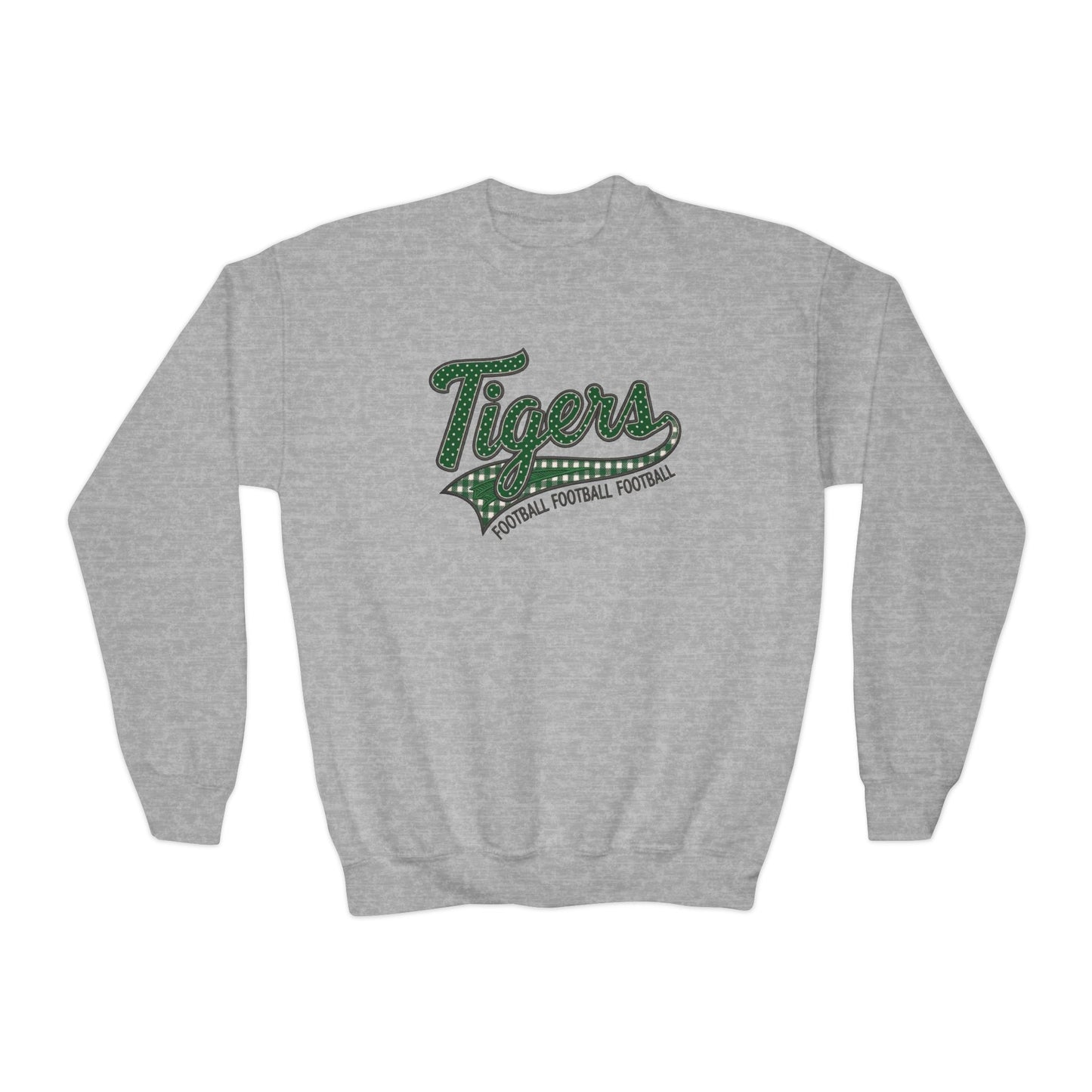 Tiger Football Youth Crewneck Sweatshirt | Tigers Retro Script Football Pullover | School Spirit Tiger Game Day Sweatshirt | Green