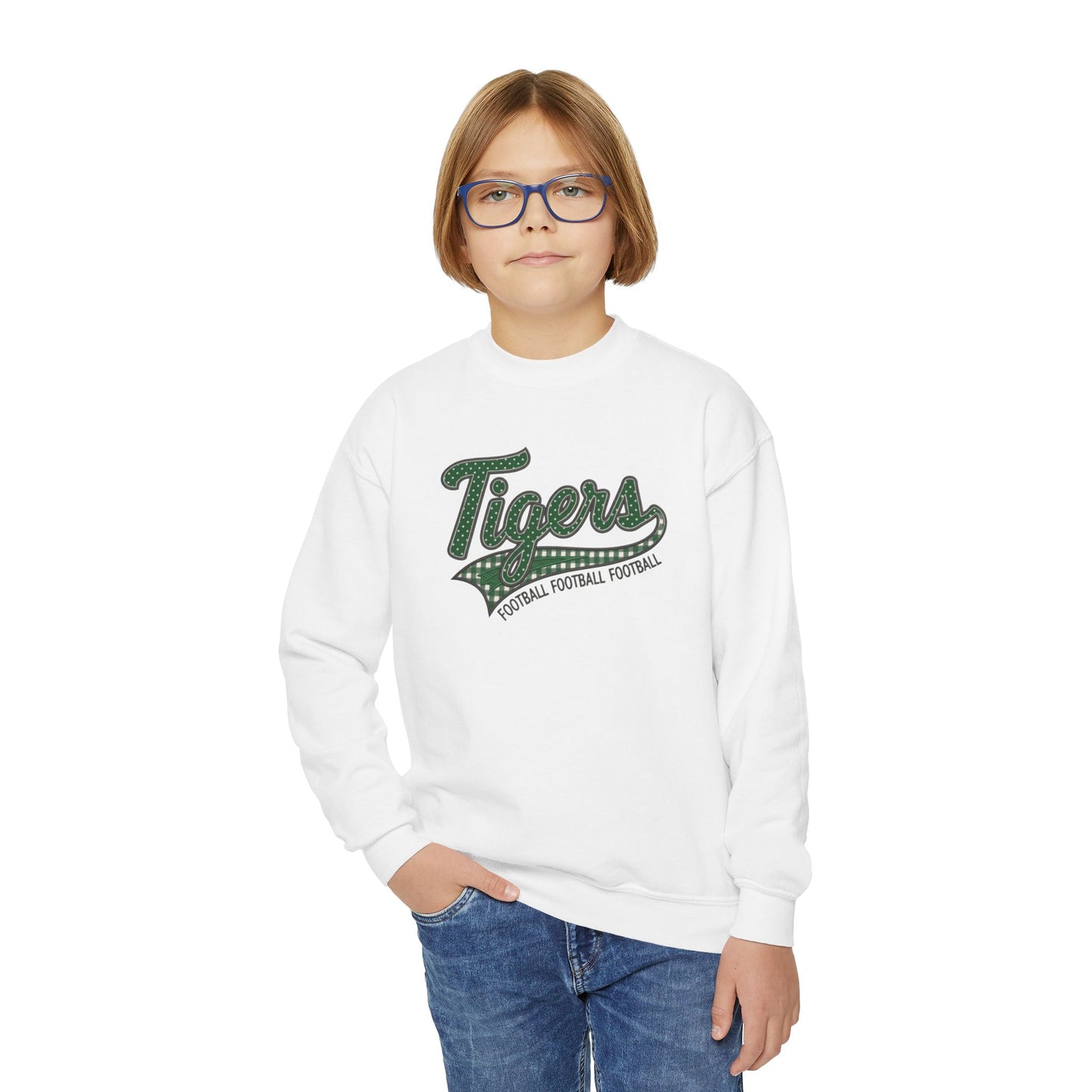 Tiger Football Youth Crewneck Sweatshirt | Tigers Retro Script Football Pullover | School Spirit Tiger Game Day Sweatshirt | Green