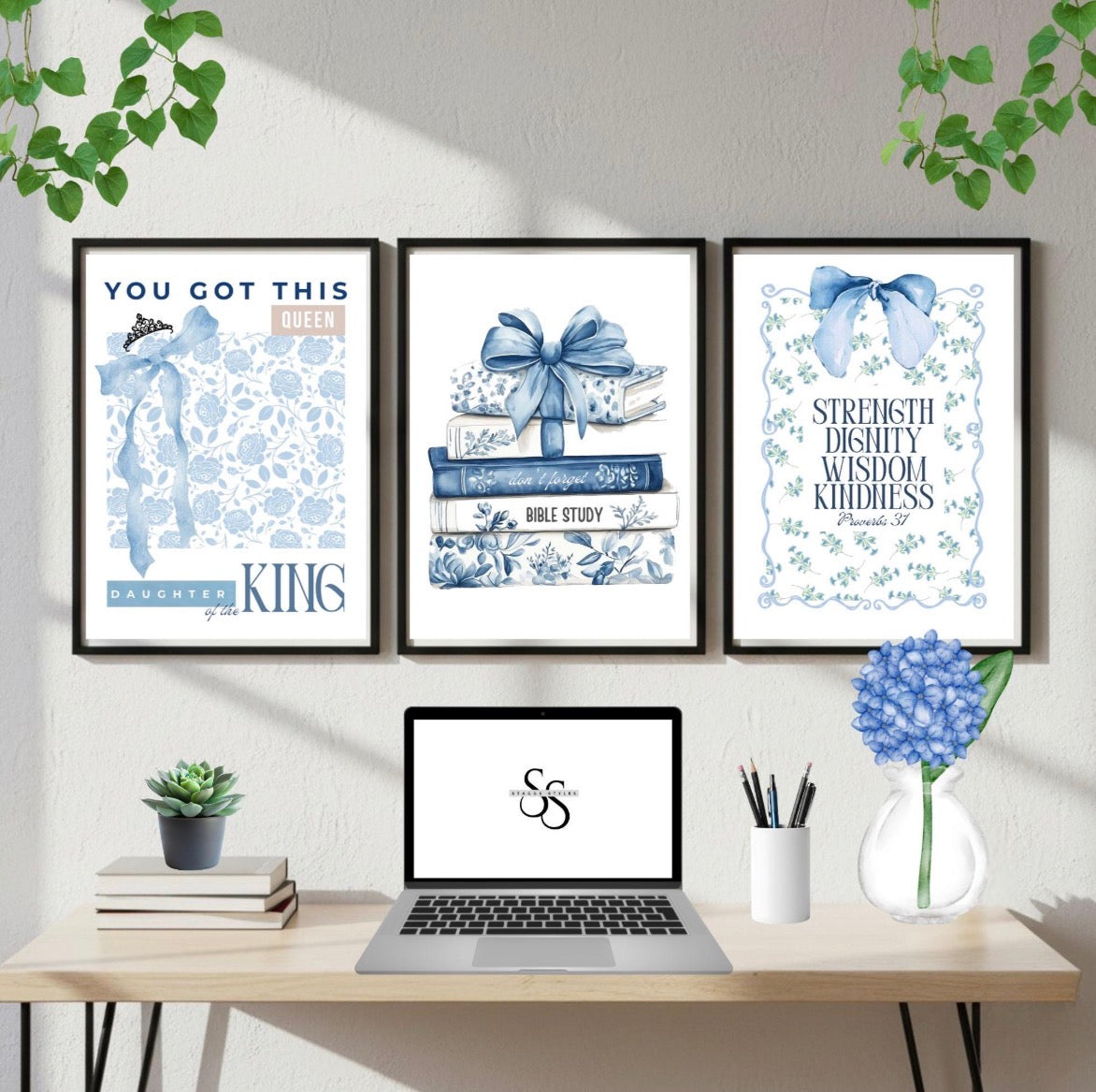 Christian Girl Blue Bows Set of 3, College Dorm Room Decor, Teenage Girl Gift, Daughter of the King Print, Proverbs 31, Floral, Coquette