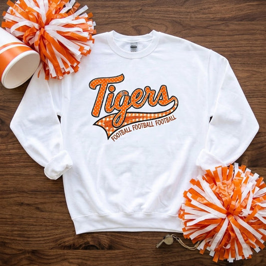 Tiger Football Youth Crewneck Sweatshirt | Tigers Retro Script Football Pullover | School Spirit Tiger Game Day Sweatshirt | Orange