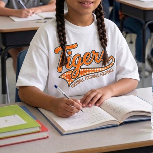 Tiger Football Retro Script Kids Tee | Vintage Tigers Game Day Shirt | School Spirit Tiger Football Tee | Orange