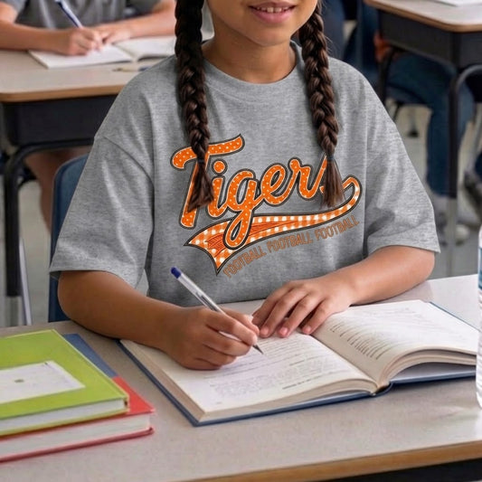 Tiger Football Retro Script Kids Tee | Vintage Tigers Game Day Shirt | School Spirit Tiger Football Tee | Orange