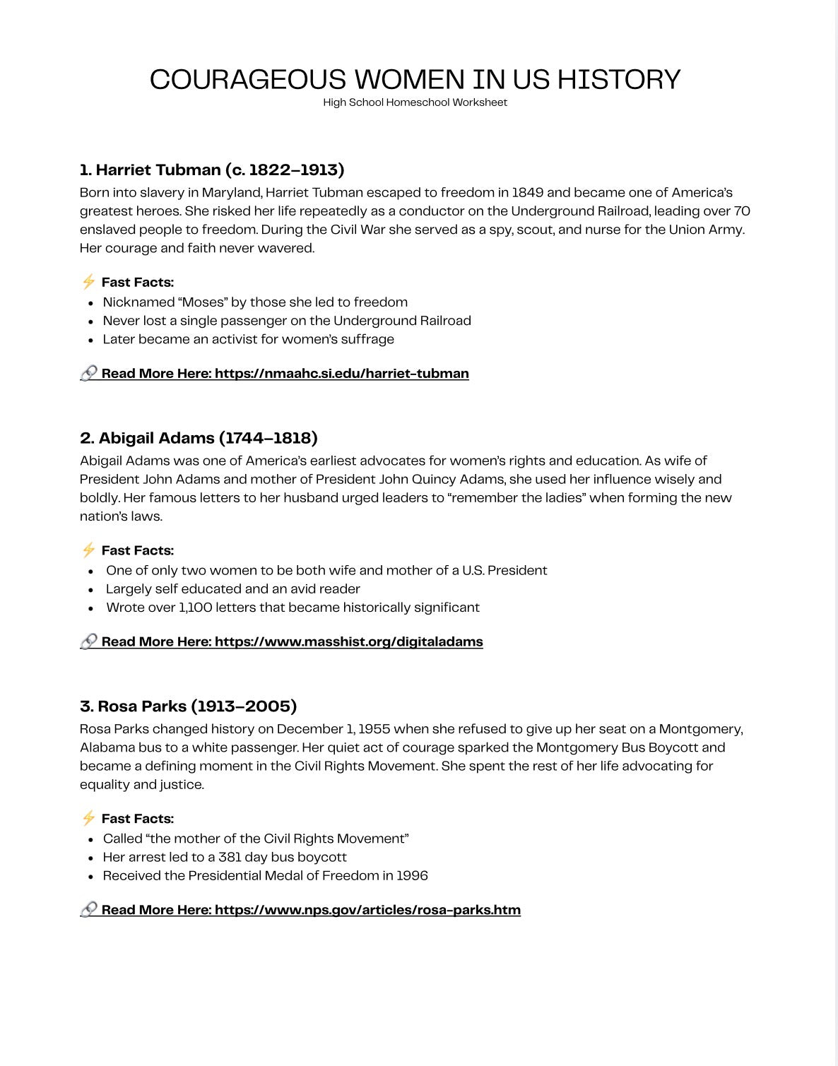 Courageous Women in US History, High School Homeschool Worksheet Package - Staggs Styles Co
