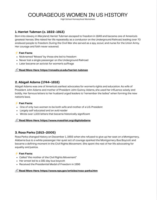 Courageous Women in US History, High School Homeschool Worksheet Package - Staggs Styles Co