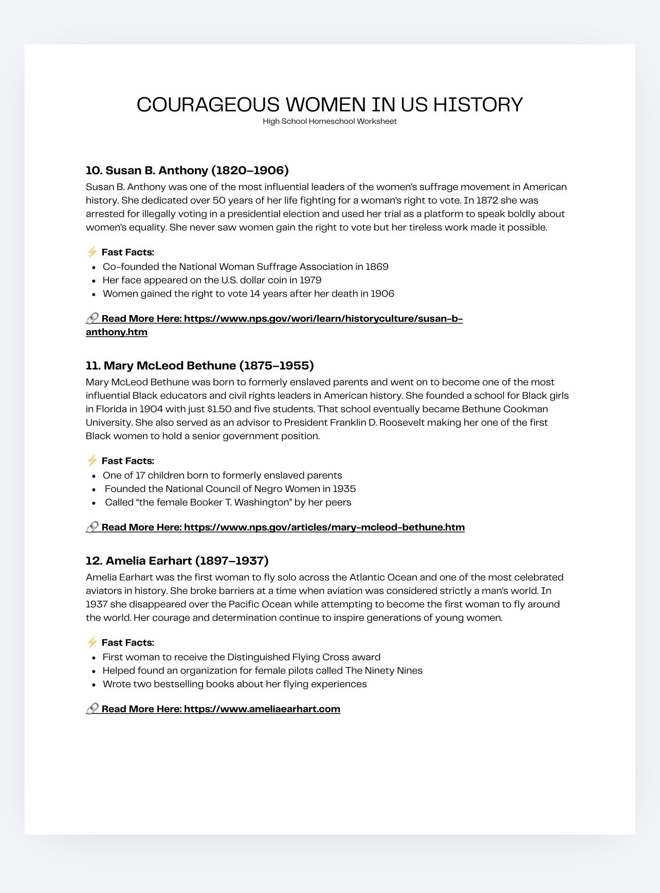 Courageous Women in US History, High School Homeschool Worksheet Package - Staggs Styles Co