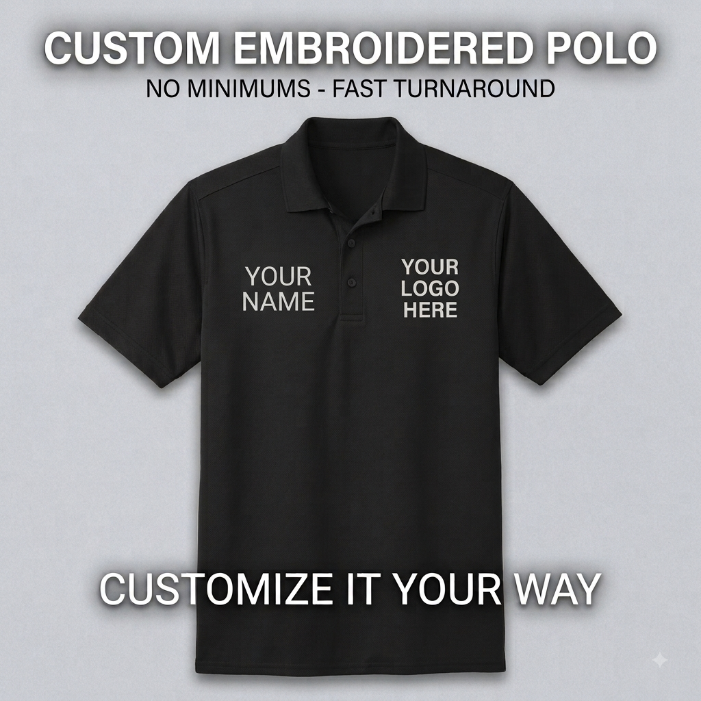 Custom Embroidered Performance Polo Shirt | Personalized Business Logo & Name Text | Moisture Wicking Work Uniform | No Minimums