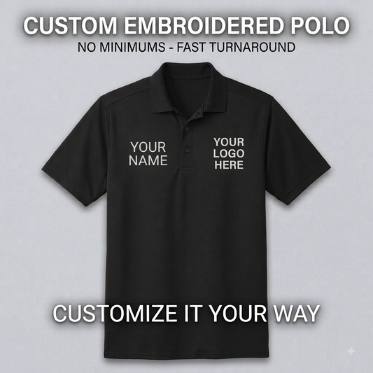 Custom Embroidered Performance Polo Shirt | Personalized Business Logo & Name Text | Moisture Wicking Work Uniform | No Minimums