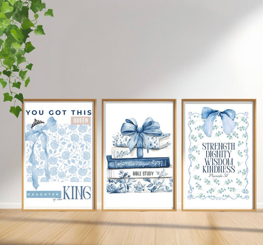 Christian Girl Blue Bows Set of 3, College Dorm Room Decor, Teenage Girl Gift, Daughter of the King Print, Proverbs 31, Floral, Coquette