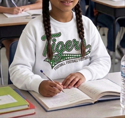 Tiger Football Youth Crewneck Sweatshirt | Tigers Retro Script Football Pullover | School Spirit Tiger Game Day Sweatshirt | Green