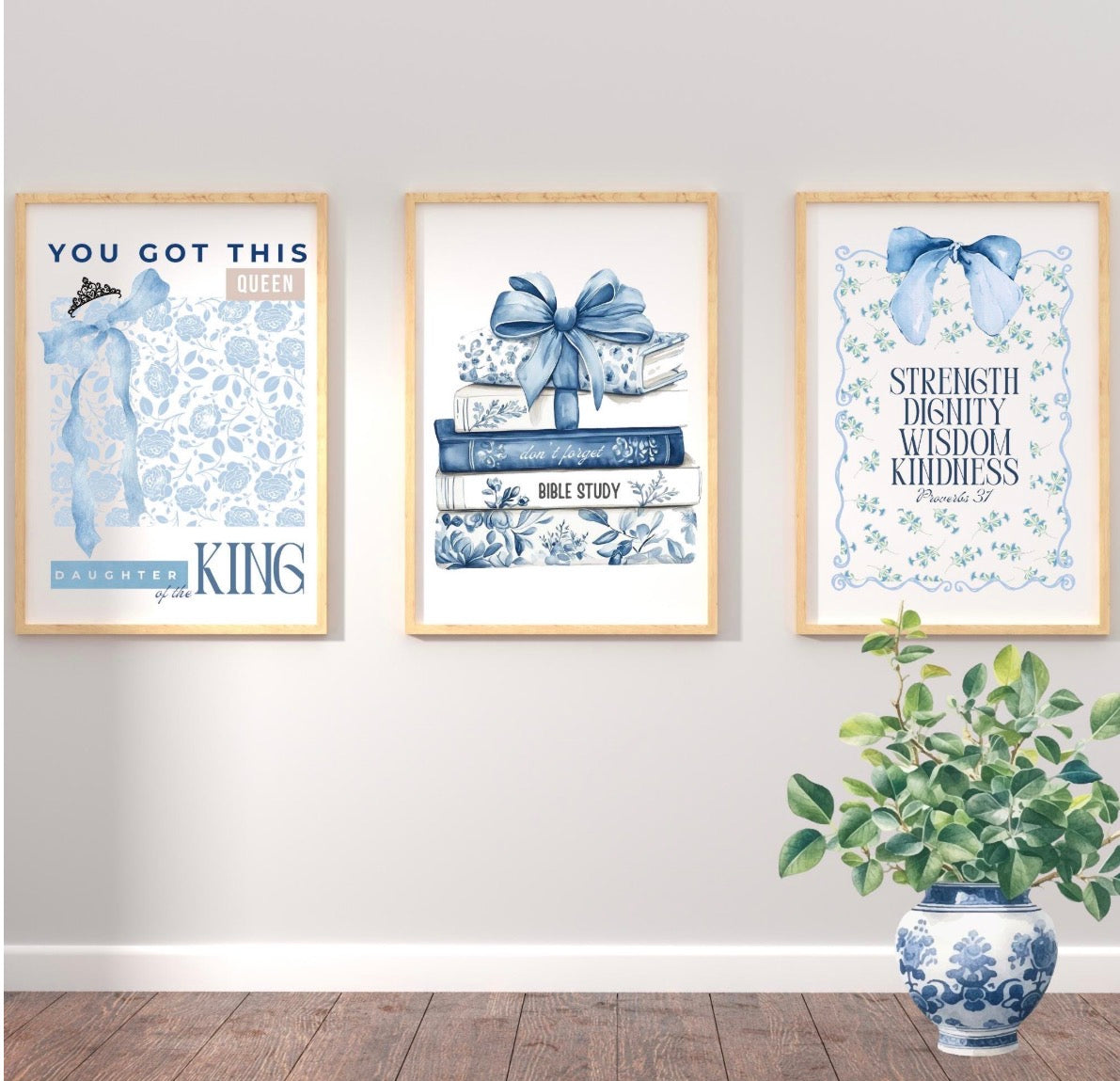 Christian Girl Blue Bows Set of 3, College Dorm Room Decor, Teenage Girl Gift, Daughter of the King Print, Proverbs 31, Floral, Coquette