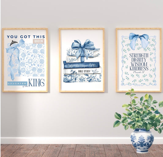 Christian Girl Blue Bows Set of 3, College Dorm Room Decor, Teenage Girl Gift, Daughter of the King Print, Proverbs 31, Floral, Coquette