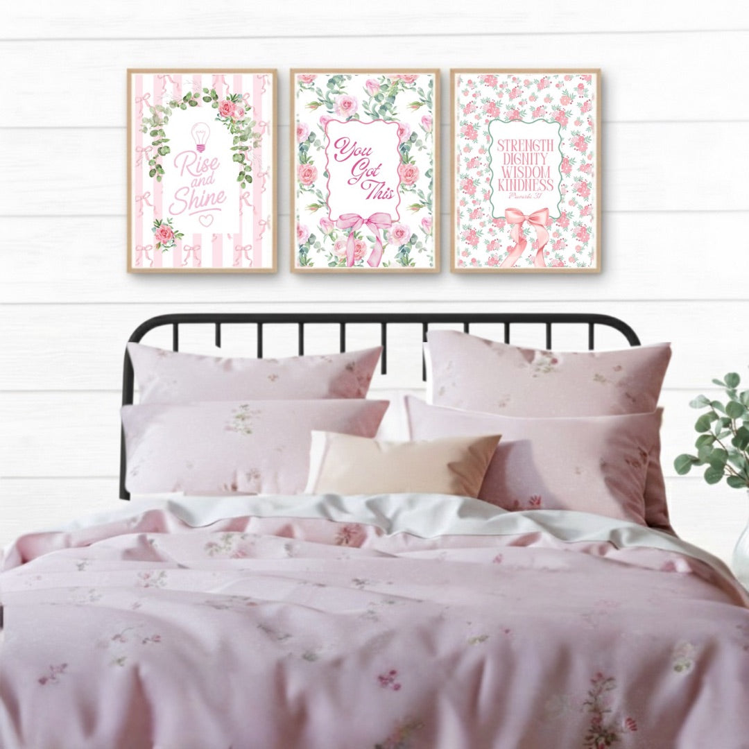 Christian Girl Pink Bows, Set of 3, College Dorm Room Decor, Teenage Girl Gift, Bible Verse, Proverbs 31, Floral, Preppy, Coquette, Faith - Staggs Styles Co