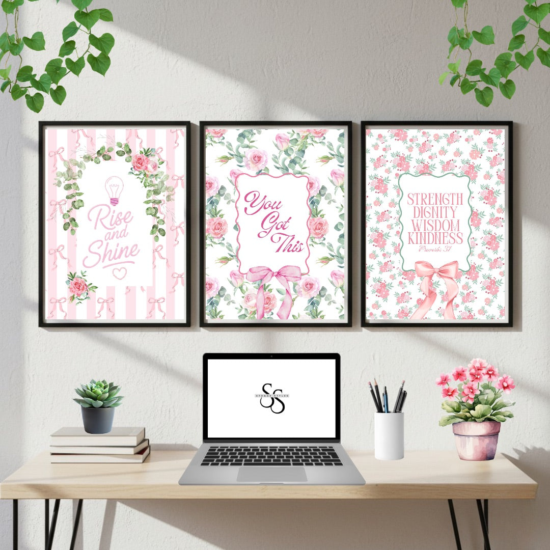 Christian Girl Pink Bows, Set of 3, College Dorm Room Decor, Teenage Girl Gift, Bible Verse, Proverbs 31, Floral, Preppy, Coquette, Faith - Staggs Styles Co