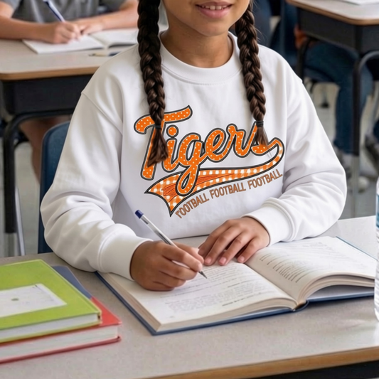Tiger Football Youth Crewneck Sweatshirt | Tigers Retro Script Football Pullover | School Spirit Tiger Game Day Sweatshirt | Orange