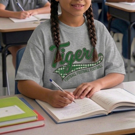 Tiger Football Retro Script Kids Tee | Vintage Tigers Game Day Shirt | School Spirit Tiger Football Tee